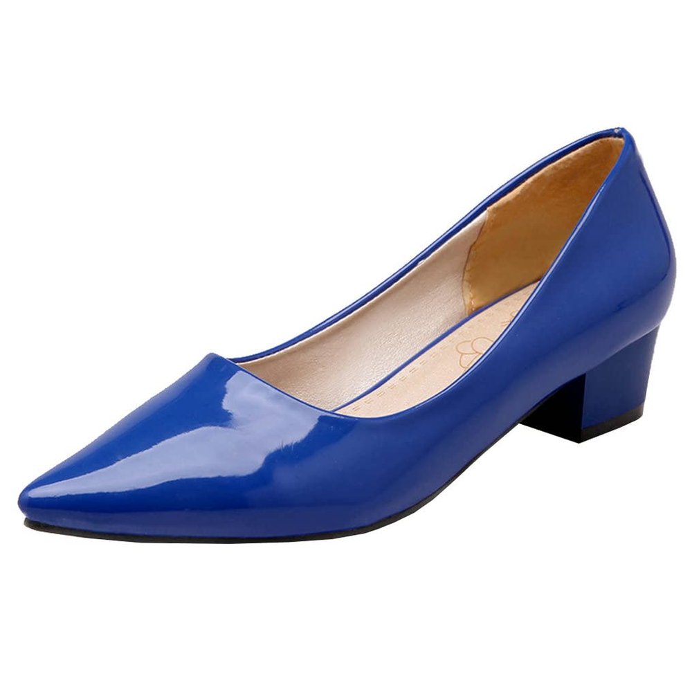 Meefit Women Patent Leather Pointed Toe Pumps Low Chunky Heel Slip On Pumps(Royal Blue,US8)