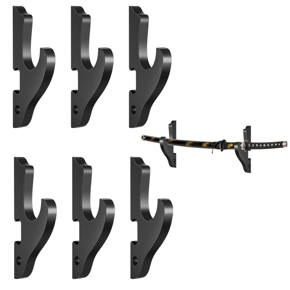6 Pcs Sword Hook Wall Mount Samurai Sword Hanger for Wall Adjustable Wood Blade Rack Decorative Katana Holder Martial Art Weapon Stand Display with 6 Nail for Saber Tanto Rapier Cosplay(Black)