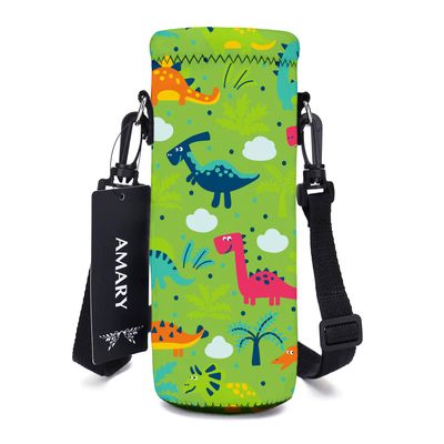 AMARY 500ML Neoprene Water Bottle Carrier Bag with Adjustable Shoulder Strap,Insulated Water Bottle Cover for Stainless Steel/Glass/Plastic Bottles 16.9OZ (dinosaur)