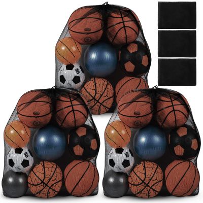 Woanger 3 Pcs Thickened Extra Large Sports Ball Bag Mesh Soccer Net Ball Bag Drawstring Bags Team Work for Holding Basketball, Volleyball, Baseball with Shoulder Strap, 35.4 x 27.5 Inch(Black)