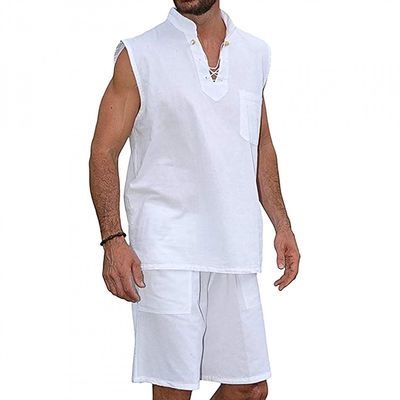 Men's Top and Shorts Set 2022 Summer Cool Hippie Shirts V Neck Sleeveless Suit Breathable Outfit Beach 2 Piece Set