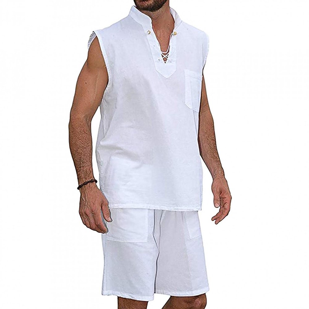 Men's Top and Shorts Set 2022 Summer Cool Hippie Shirts V Neck Sleeveless Suit Breathable Outfit Beach 2 Piece Set