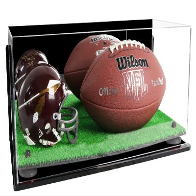 Better Display Cases Acrylic Display Case for Full Size Football and Mini Helmet - Large Rectangle Box with Mirror Case, Black Risers, Wall Mount and Turf Base 19.25" x 8.25" x 8" (B47/A103)