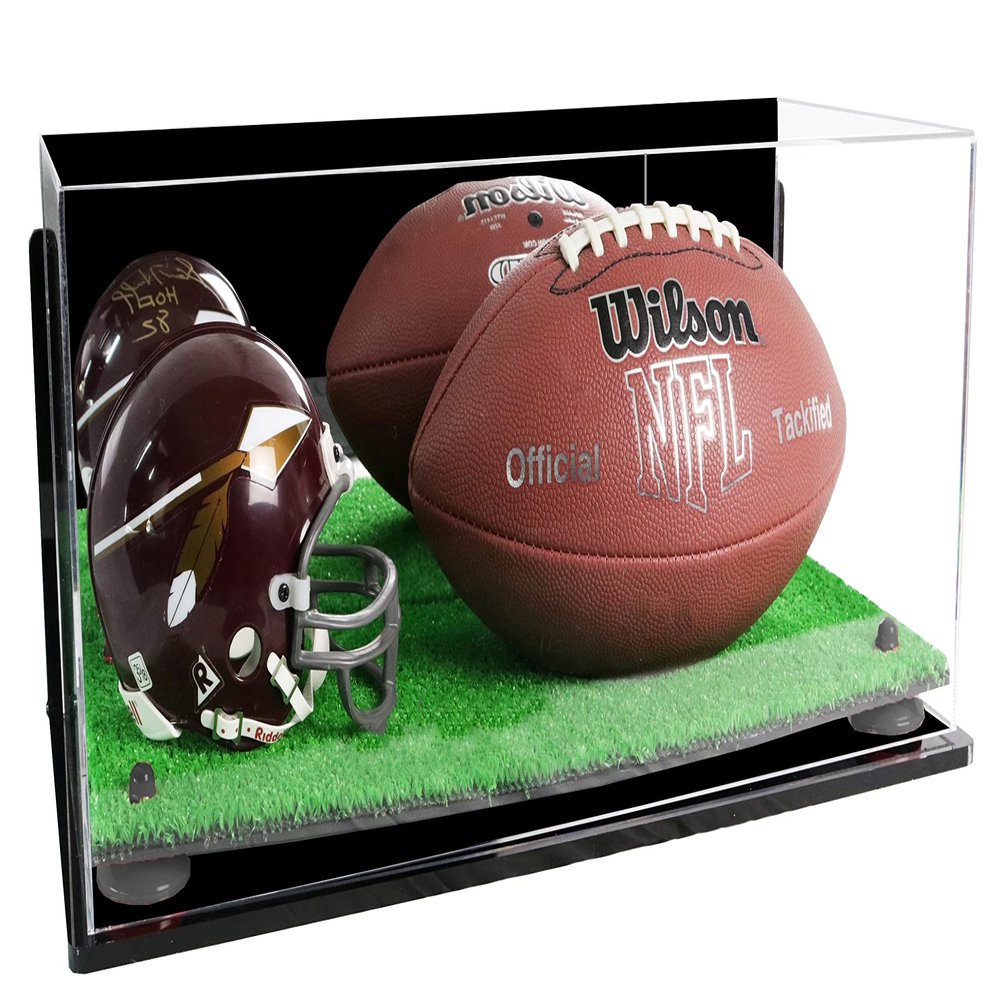 Better Display Cases Acrylic Display Case for Full Size Football and Mini Helmet - Large Rectangle Box with Mirror Case, Black Risers, Wall Mount and Turf Base 19.25" x 8.25" x 8" (B47/A103)