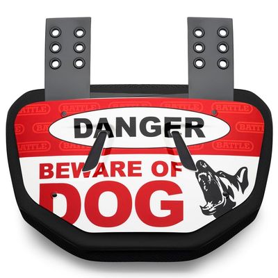 Battle Sports Novelty Football Back Plate  Hard Shell Lower Back Protector with Contoured Foam for High-Impact Protection - Youth, Beware of Dog, Red