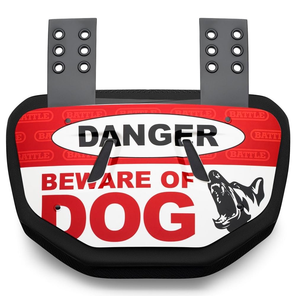 Battle Sports Novelty Football Back Plate Hard Shell Lower Back Protector with Contoured Foam for High-Impact Protection - Youth, Beware of Dog, Red