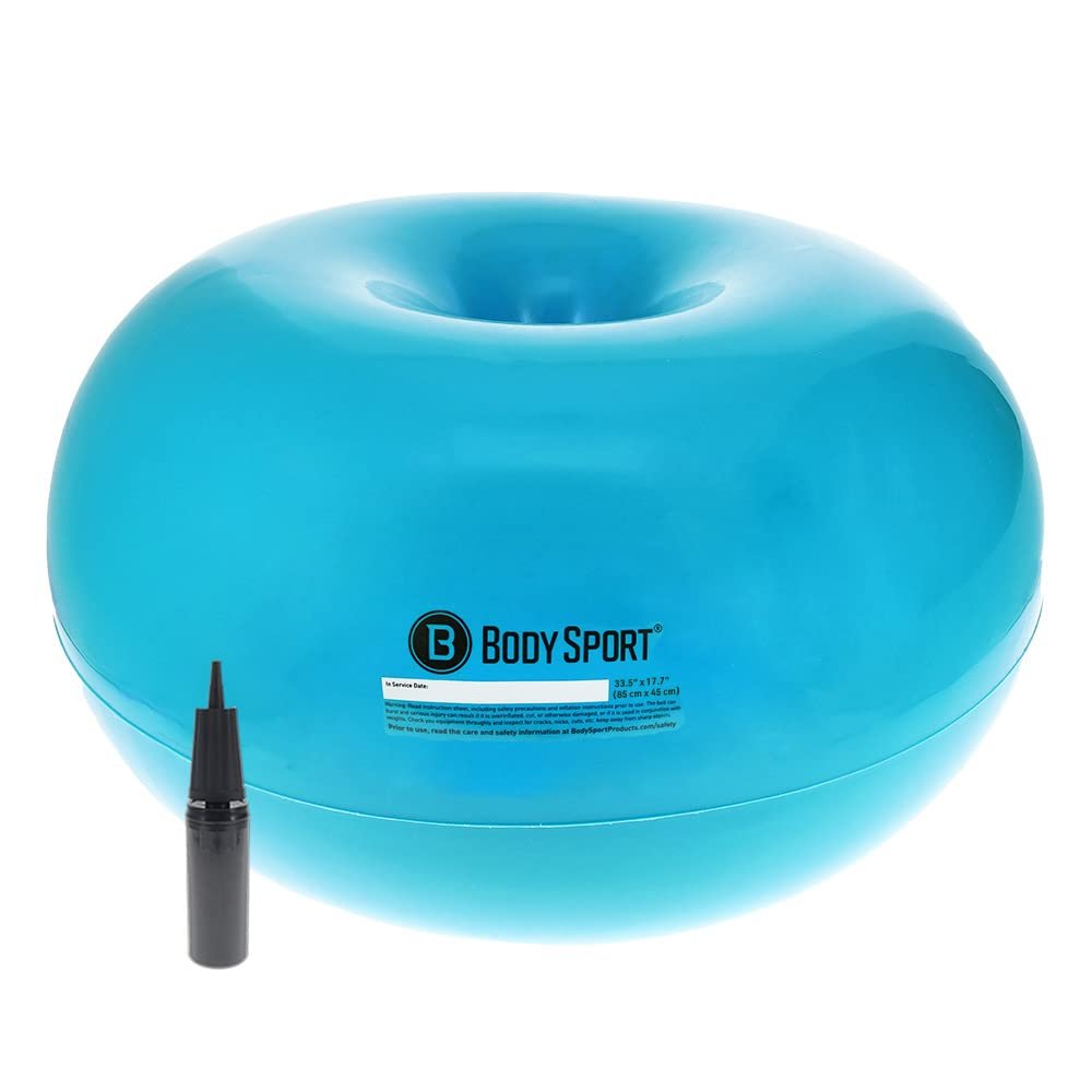 Body Sport Donut Ball, Teal, 33.5 in. x 17.7 in. Durable, Inflatable Exercise Ball for Balance & Stability Training, Yoga, & Pilates Workouts Use in Home, Office, Gym, or Classroom Seating