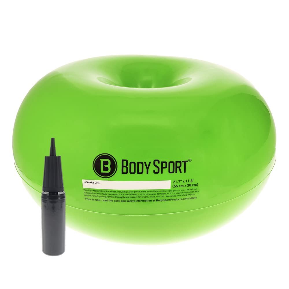 Body Sport Donut Ball, Green, 21 in. x 11.8 in. Durable, Inflatable Exercise Ball for Balance & Stability Training, Yoga, & Pilates Workouts Use in Home, Office, Gym, or Classroom Seating