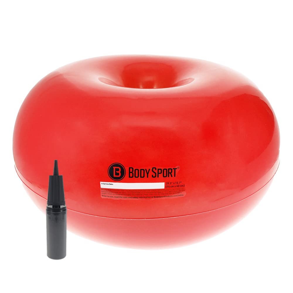Body Sport Donut Ball, Red, 29.5 in. x 15.7 in.  Durable, Inflatable Exercise Ball for Balance & Stability Training, Yoga, & Pilates Workouts  Use in Home, Office, Gym, or Classroom Seating