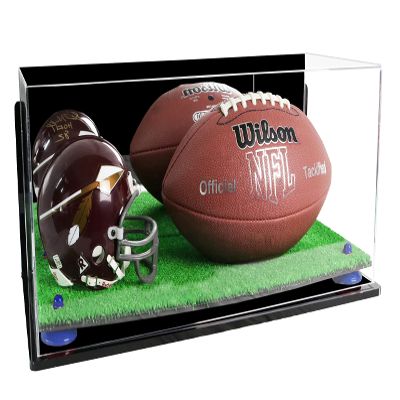 Better Display Cases Acrylic Display Case for Full Size Football and Mini Helmet - Large Rectangle Box with Mirror Case, Navy Blue Risers, Wall Mount and Turf Base 19.25" x 8.25" x 8" (B47/A103)