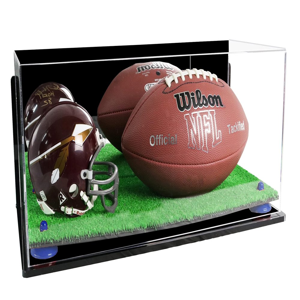 Better Display Cases Acrylic Display Case for Full Size Football and Mini Helmet - Large Rectangle Box with Mirror Case, Navy Blue Risers, Wall Mount and Turf Base 19.25" x 8.25" x 8" (B47/A103)