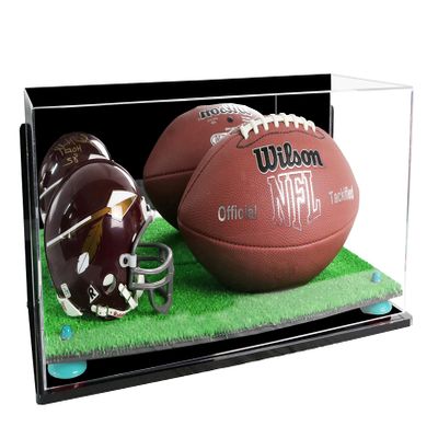 Better Display Cases Acrylic Display Case for Full Size Football and Mini Helmet - Large Rectangle Box with Mirror Case, Blue Risers, Wall Mount and Turf Base 19.25" x 8.25" x 8" (B47/A103)