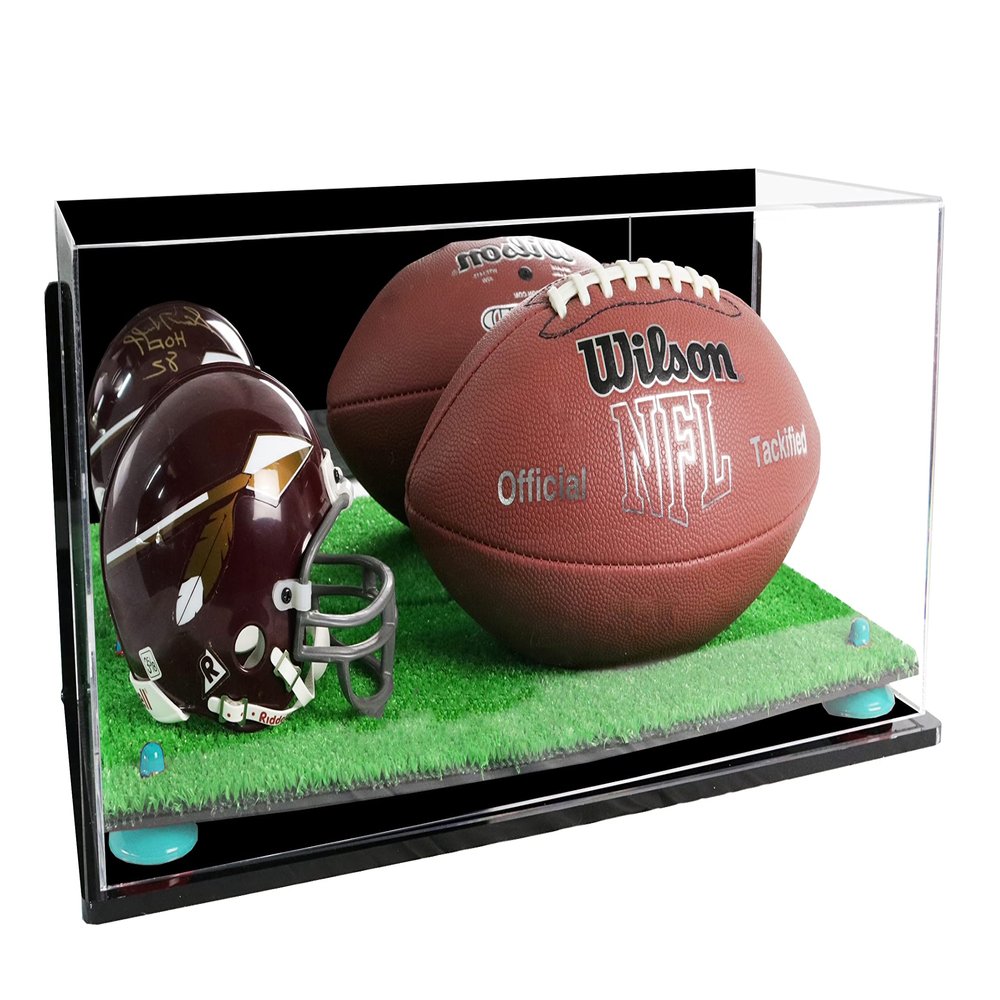 Better Display Cases Acrylic Display Case for Full Size Football and Mini Helmet - Large Rectangle Box with Mirror Case, Blue Risers, Wall Mount and Turf Base 19.25" x 8.25" x 8" (B47/A103)