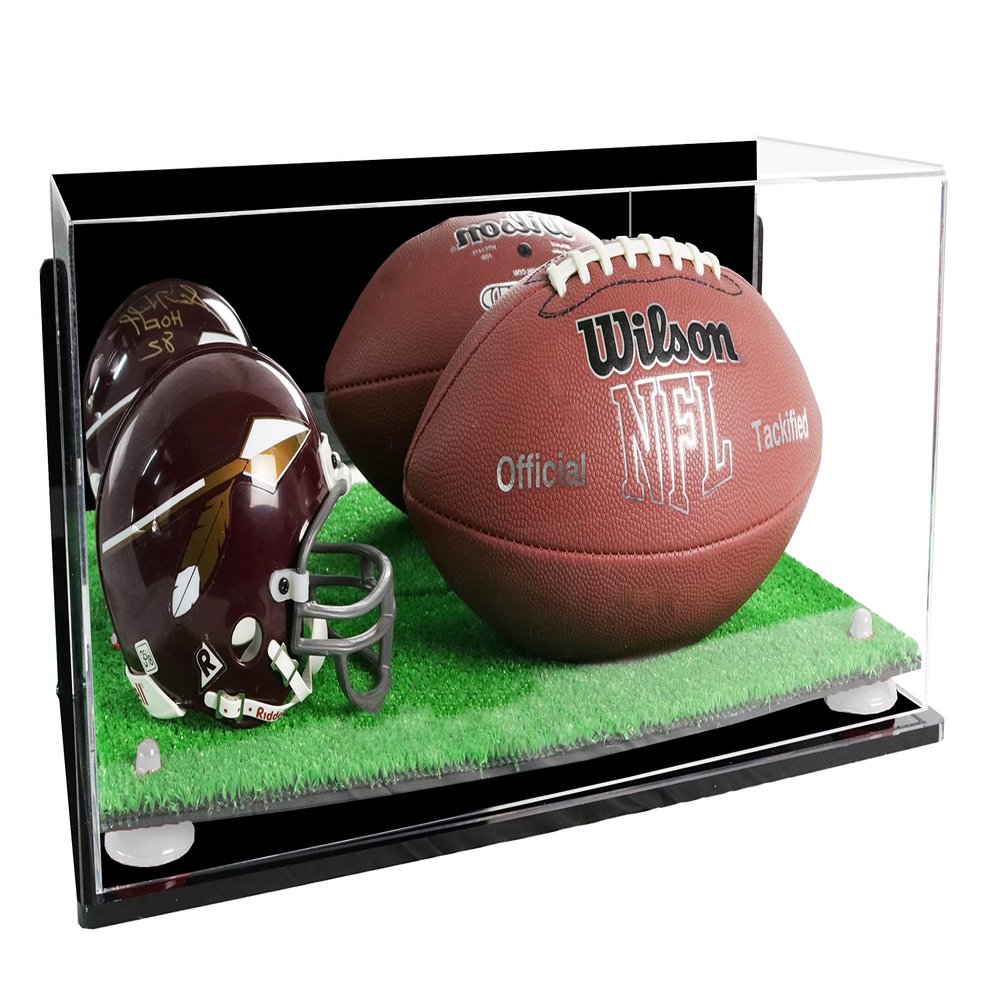 Better Display Cases Acrylic Display Case for Full Size Football and Mini Helmet - Large Rectangle Box with Mirror Case, White Risers, Wall Mount and Turf Base 19.25" x 8.25" x 8" (B47/A103)