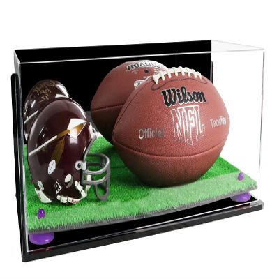 Better Display Cases Acrylic Display Case for Full Size Football and Mini Helmet - Large Rectangle Box with Mirror Case, Purple Risers, Wall Mount and Turf Base 19.25" x 8.25" x 8" (B47/A103)
