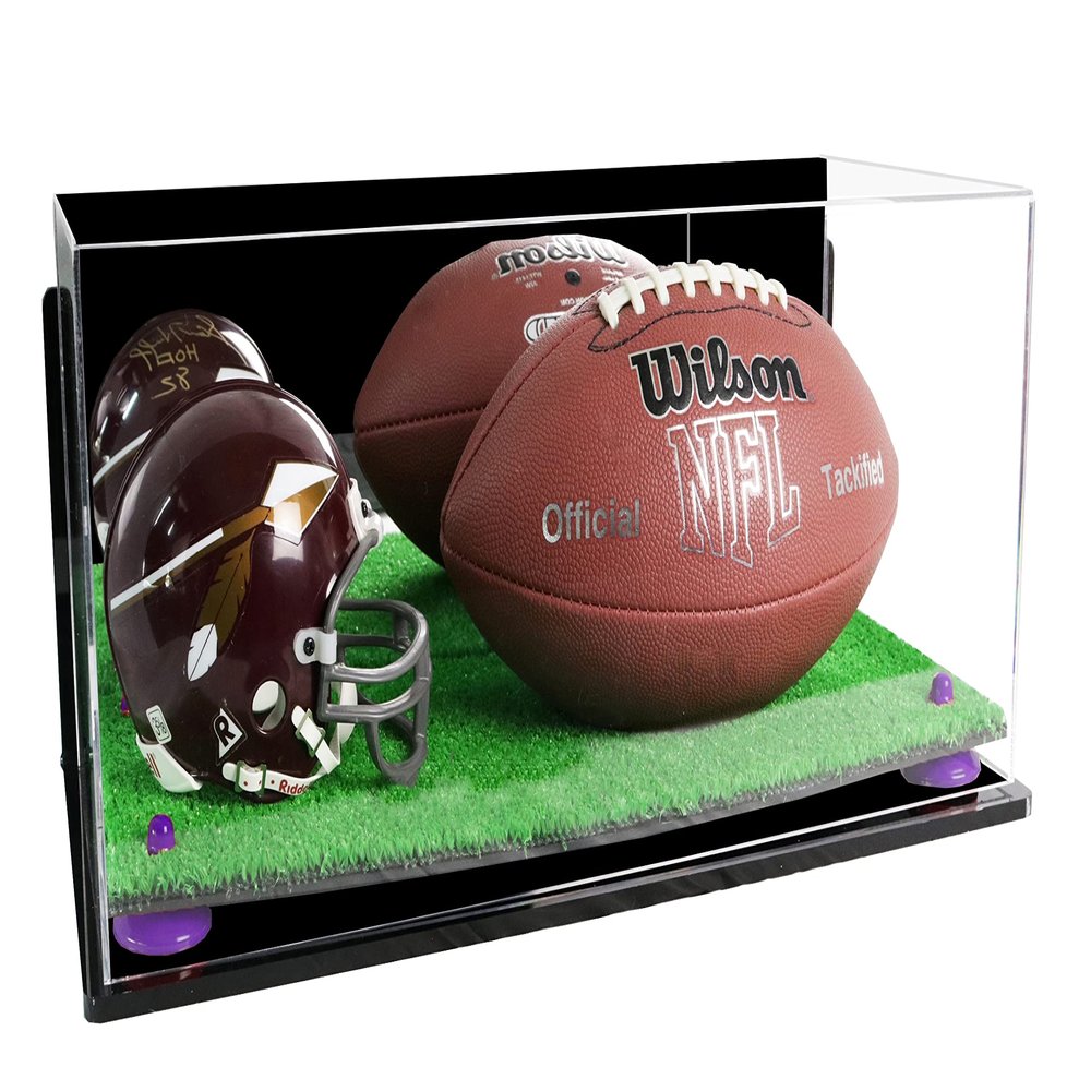 Better Display Cases Acrylic Display Case for Full Size Football and Mini Helmet - Large Rectangle Box with Mirror Case, Purple Risers, Wall Mount and Turf Base 19.25" x 8.25" x 8" (B47/A103)