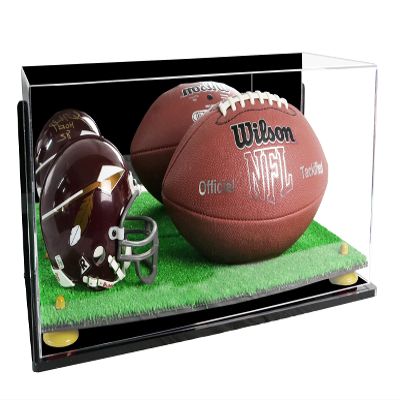 Better Display Cases Acrylic Display Case for Full Size Football and Mini Helmet - Large Rectangle Box with Mirror Case, Yellow Risers, Wall Mount and Turf Base 19.25" x 8.25" x 8" (B47/A103)