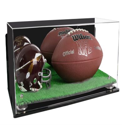 Better Display Cases Acrylic Display Case for Full Size Football and Mini Helmet - Large Rectangle Box with Mirror Case, Silver Risers, Wall Mount and Turf Base 19.25" x 8.25" x 8" (B47/A103)