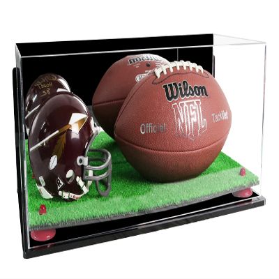 Better Display Cases Acrylic Display Case for Full Size Football and Mini Helmet - Large Rectangle Box with Mirror Case, Red Risers, Wall Mount and Turf Base 19.25" x 8.25" x 8" (B47/A103)