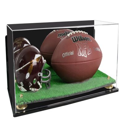 Better Display Cases Acrylic Display Case for Full Size Football and Mini Helmet - Large Rectangle Box with Mirror Case, Gold Risers, Wall Mount and Turf Base 19.25" x 8.25" x 8" (B47/A103)