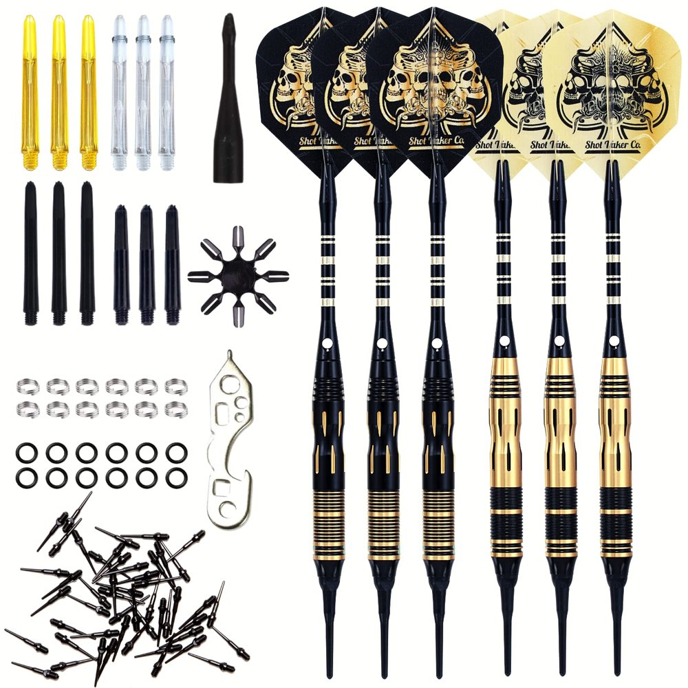 SHOT TAKER CO. EST. 2017 Soft Tip Darts Set - Professional Darts with Customizable Configuration, Aluminum & Plastic Shafts, O-Rings, Flights, Dart Tool, 50PC Extra 2BA Tips (19g-Black C-STC10443)
