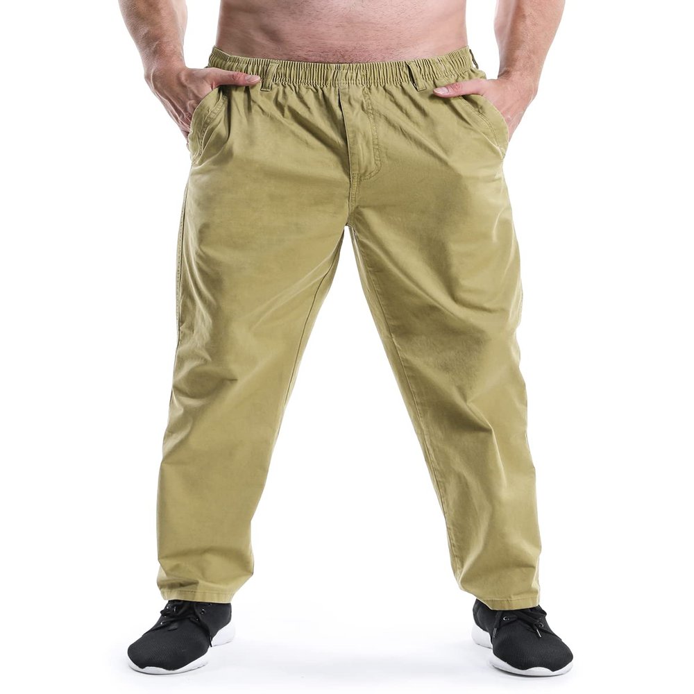 Men's Lightweight Casual Pants Elastic Waist Pull On Work Travel Boys Husky Pants Khaki 30