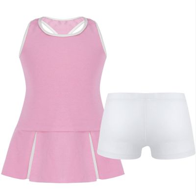 TiaoBug Kids Girls Golf Tennis Dress Outfits Racerback Tank Tops and Skirt Set with Built-in Shorts Sport Skort Set Cross Back Pink 14