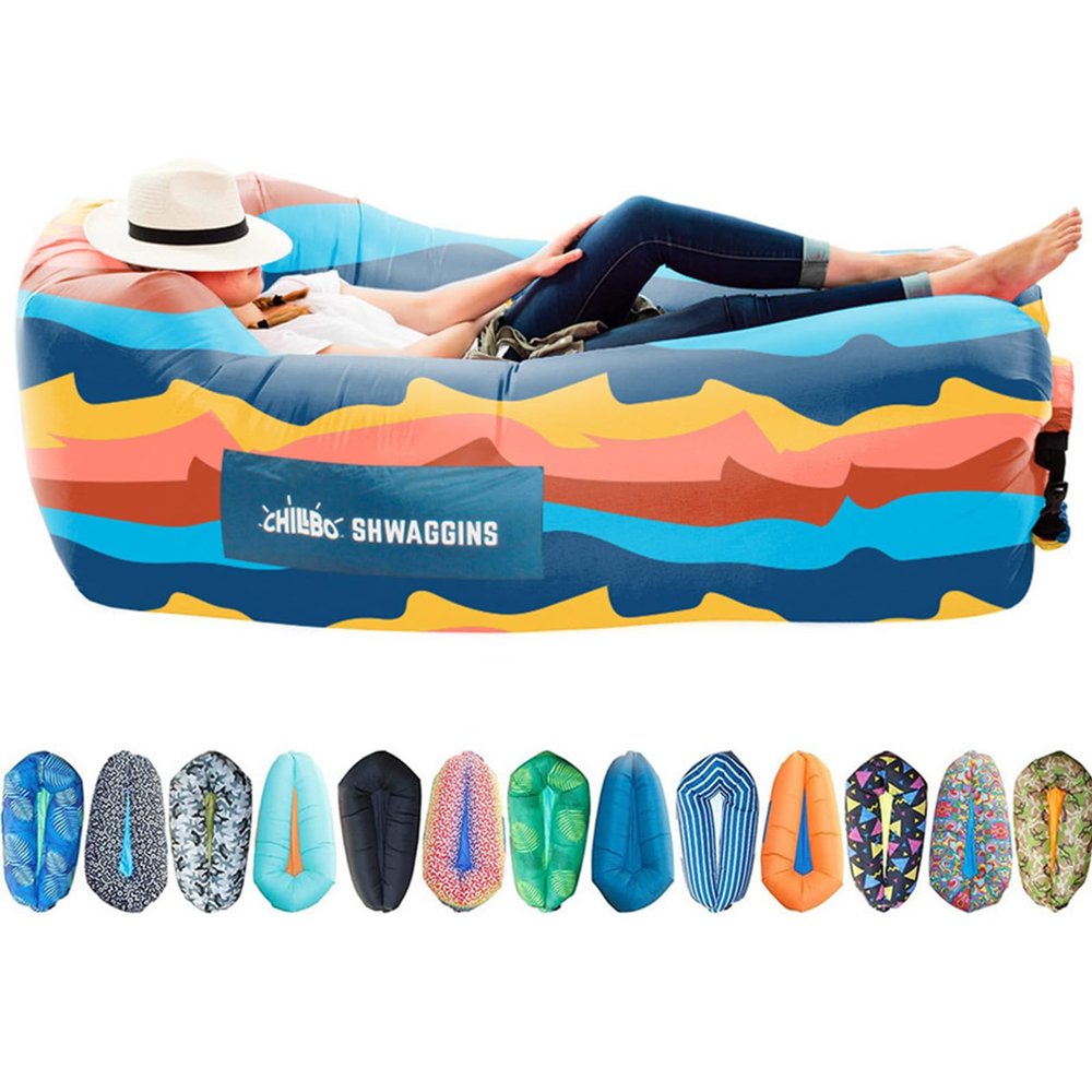 Chillbo Shwaggins Inflatable Couch  No-Pump Setup, Ripstop Polyester, Stability Pegs, Fun Prints, Portable Air Lounger for Beach, Camping, Festivals, and Tailgating - Desert Daydream