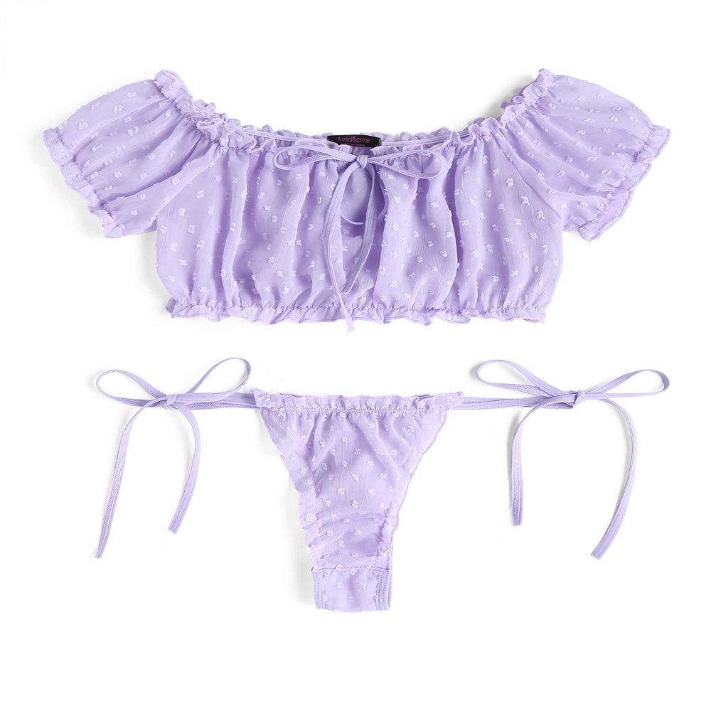 Avidlove Bra and Panty Set Cute & Sexy Chiffon Ruffle Lingerie Set Mesh Babydoll Chemise Lavender S