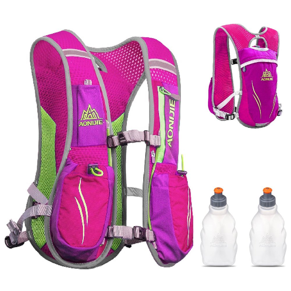 YAPJEB Running Hydration Vest, Hiking Backpack with 2 pcs 250 ML Water Bottle Gear, Reflective Bag Accessories for Trail Marathon Jogging Cycling for Women Men(Rose Red)