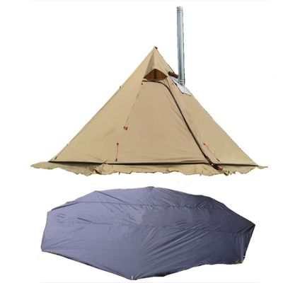 4 Person Tipi Tent with Tent Mat Height 7.2 FT Outdoor Hiking Tent (Brown Green with Skirt)