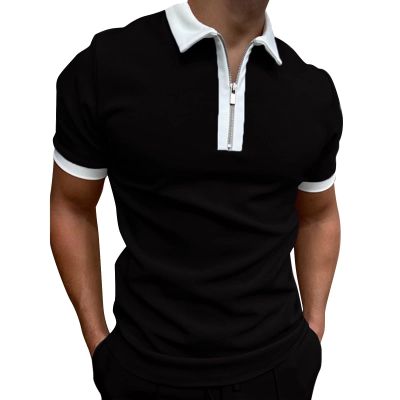 Rela Bota Men's Short Sleeve Polo Shirts Fashion Zipper Polos Casual Slim Fit T-Shirt Black with White XL