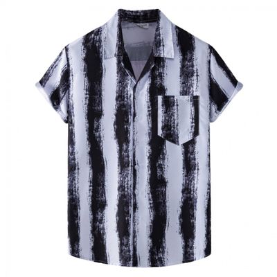QWENTMTNTY Mens Button Up Shirts Short Sleeve Vertical Stripe Summer V Neck Top Fashion Hippie Casual Contrast Poplin Shirt A-Gray