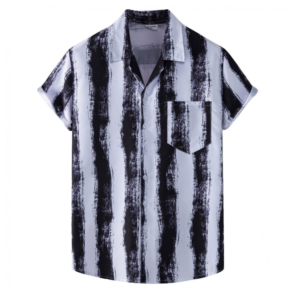 QWENTMTNTY Mens Button Up Shirts Short Sleeve Vertical Stripe Summer V Neck Top Fashion Hippie Casual Contrast Poplin Shirt A-Gray