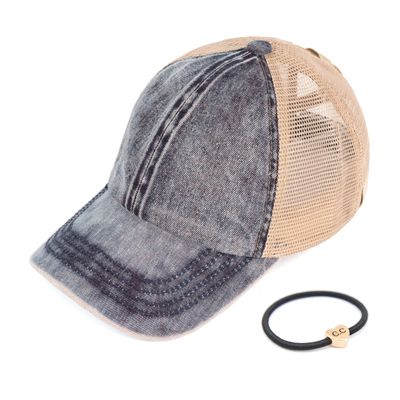 C.C Kids Criss-Cross Elastic Band Stone Washed Denim Baseball Pony Cap for Kids (KIDS-BT-1009) (A Crossed Elastic Band-Stone Washed Denim)