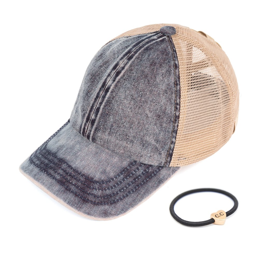 C.C Kids Criss-Cross Elastic Band Stone Washed Denim Baseball Pony Cap for Kids (KIDS-BT-1009) (A Crossed Elastic Band-Stone Washed Denim)
