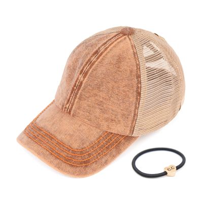 C.C Kids Criss-Cross Elastic Band Stone Washed Denim Baseball Pony Cap for Kids (KIDS-BT-1009) (A Crossed Elastic Band-Stone Washed Orange)
