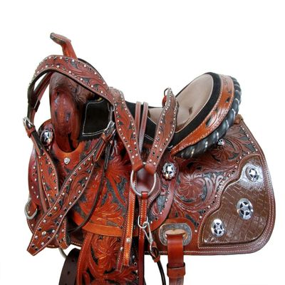 Western Trail Saddle 15 16 17 18 Pleasure Horse Floral Tooled Leather TACK Set (16 Inch)