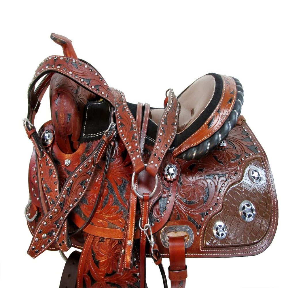 Western Trail Saddle 15 16 17 18 Pleasure Horse Floral Tooled Leather TACK Set (16 Inch)