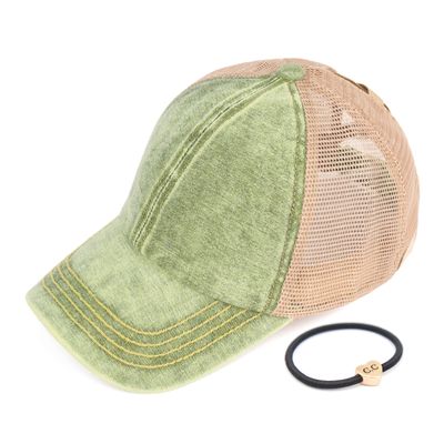 C.C Kids Criss-Cross Elastic Band Stone Washed Denim Baseball Pony Cap for Kids (KIDS-BT-1009) (A Crossed Elastic Band-Stone Washed Lime)