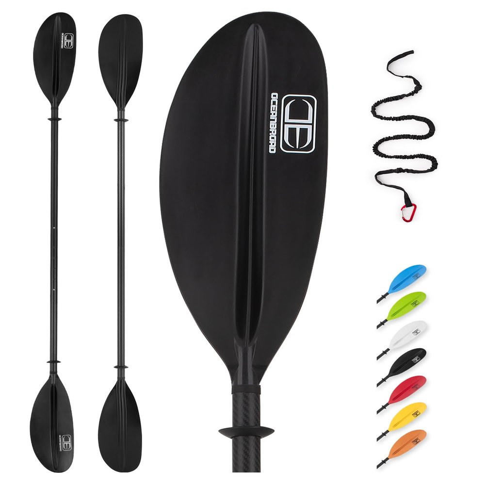 OCEANBROAD Adjustable Carbon Fiber Kayak Paddle 86in/220cm to 94in/240cm Kayaking Oar with Paddle Leash 1 Paddle, Black