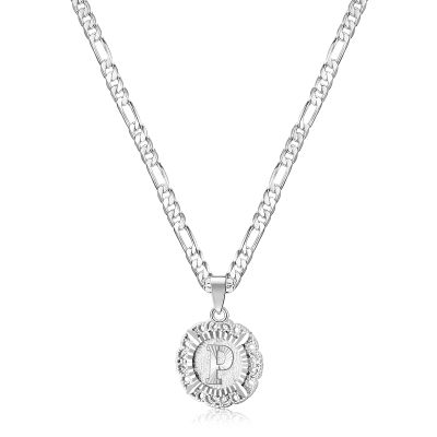 KissYan Initial Necklaces for Women, Silver Round Letter Pendant White Gold Capital Monogram Necklace Alphabets from A-Z Figaro Chain Jewelry(White Gold P)
