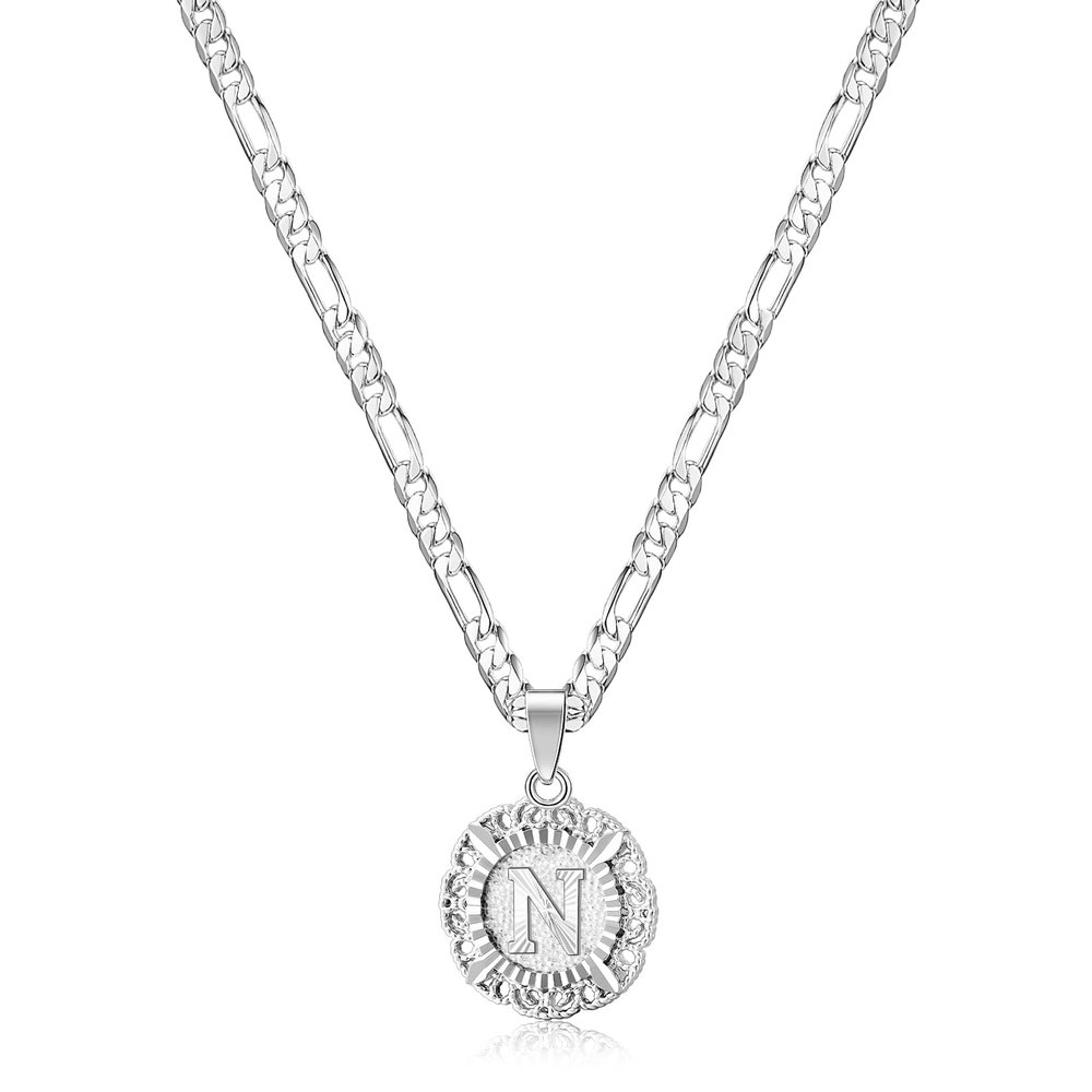 KissYan Initial Necklaces for Women, Silver Round Letter Pendant White Gold Capital Monogram Necklace Alphabets from A-Z Figaro Chain Jewelry(White Gold N)