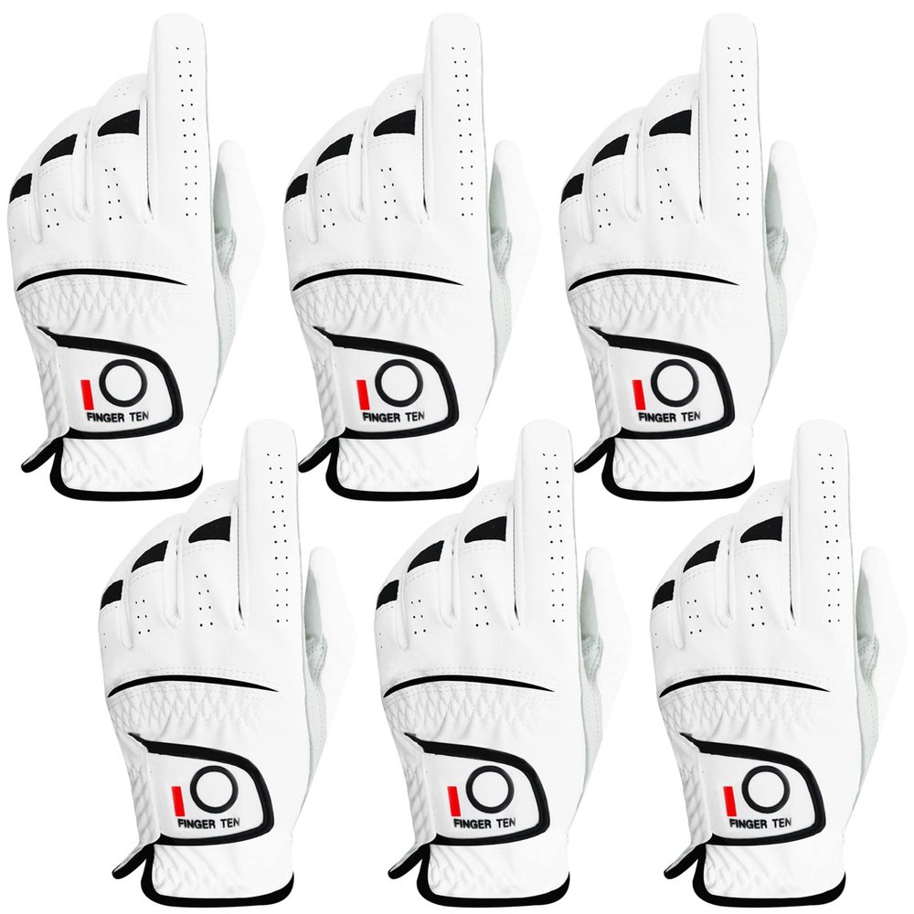 FINGER TEN Golf Gloves Men Left Right Hand Handed Golfer Value Pack (6 Pack, Medium, Left)