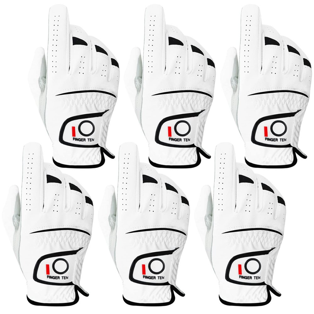 FINGER TEN Golf Gloves Men Left Right Hand Handed Golfer Value Pack (6 Pack, Medium, Right)