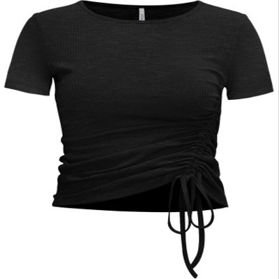 Short Sleeve Workout Tops for Women Ruched Drawstring Yoga Top Fitted Athletic Shirt(Black-047,XS)