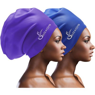 Extra Large Swim Cap for Braids and Dreadlocks Women Men Silicone Swimming Cap for Long Thick Curly Weaves Afro Hair Extensions (Blue, Purple)