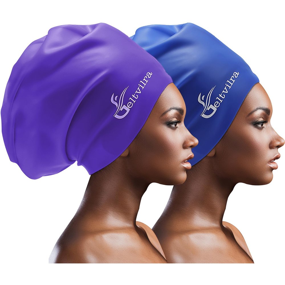 Extra Large Swim Cap for Braids and Dreadlocks Women Men Silicone Swimming Cap for Long Thick Curly Weaves Afro Hair Extensions (Blue, Purple)