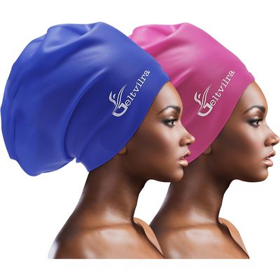 Extra Large Swim Cap for Braids and Dreadlocks Women Men Silicone Swimming Cap for Long Thick Curly Weaves Afro Hair Extensions (Blue, Fuchsia)