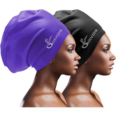 Extra Large Swim Cap for Braids and Dreadlocks Women Men Silicone Swimming Cap for Long Thick Curly Weaves Afro Hair Extensions (Black, Purple)
